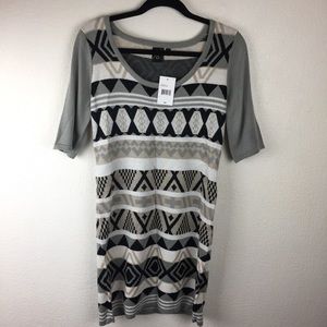 NWT T/O sweater dress gray black tan white Large